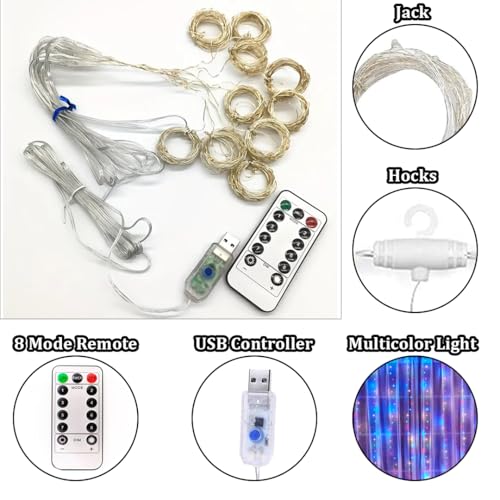 Image of fizzytech Plastic Fairy Curtain String Lights for Wall Decoration, Multicolour USB Powered 300 LED's, 8 Flashing Modes, Window Backdrop Lights for Bedroom, Party, Diwali, Christmas - 3x3 Meter