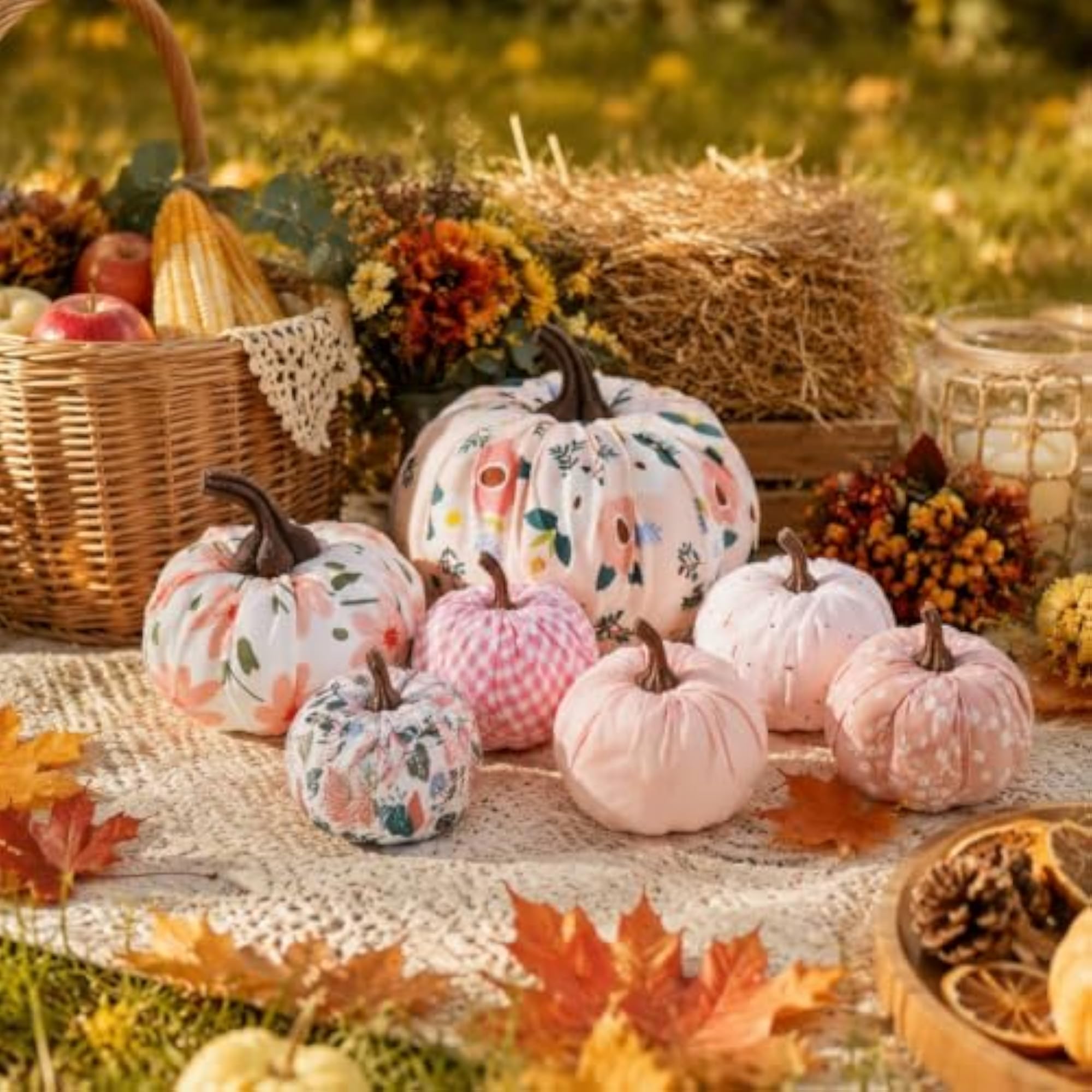 Decorative Textile Pumpkin with Stem, 7 Pieces Set
