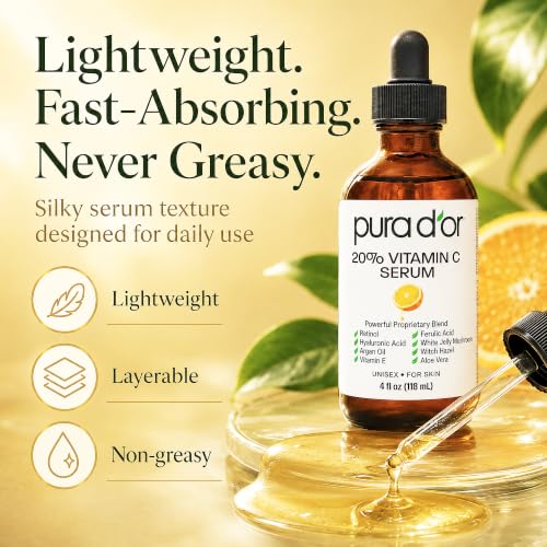 PURA D'OR 20% Vitamin C Facial Serum 4 Oz Antioxidant Anti-Aging Blend w/Retinol, Hyaluronic Acid, Ferulic Acid - Hydrating Lightweight Ayurvedic Skin Care - Men Women Daily Use - Image 6