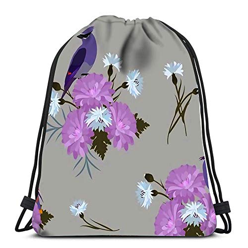 Lmtt Mochilas con cordón Flores de crisantemos Acianos y pájaros de Viaje Tote Escolar