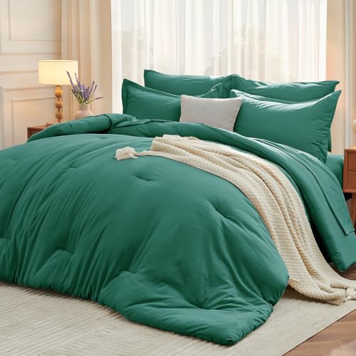 MUXHOMO 5 Pieces Twin Comforter Set, Soft Bed in a Bag Twin Size, All Season Bedding Set with Comforter, Flat Sheet, Fitted Sheet, Pillowcases & Shams, Emerald Green