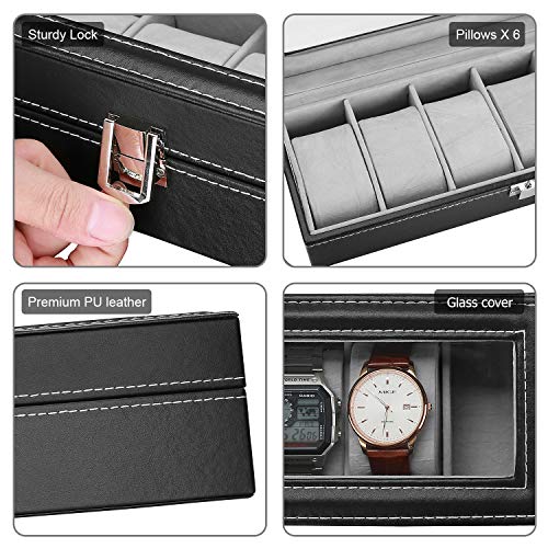 Procase Father's Day Gift 6 Slots Watch Box For Men, Mens Watch Organizer Pu Leather Watches Display Case Storage Boxes With Crystal Glass Lid -Black #TOP3