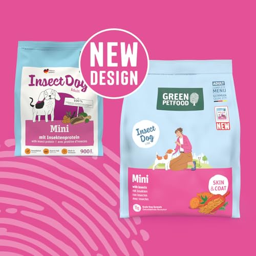 Green Petfood InsectDog Mini mit Insekten (1 x 900 g) | Adult Mini | Premium Trockenfutter für ausgewachsene kleine Hunde | Süßkartoffel & Erbse | getreidefrei | extrakleine Kroketten | 1er Pack