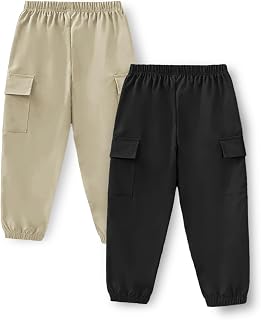 Trampoline Kids Joggers Trackpants Pack of 2 - Black & Beige | Knit Cotton Blend Cargo Style Pants for Boys & Girls | Soft... Price In India
