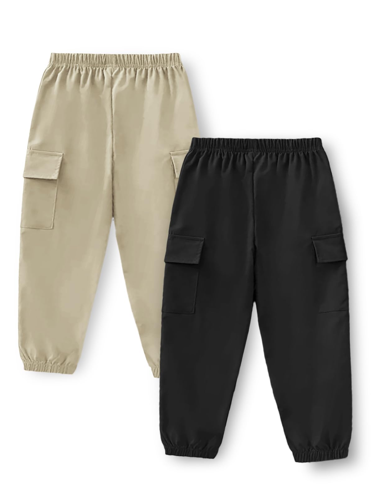 Trampoline Kids Joggers Trackpants Pack of 2 - Black & Beige | Knit Cotton Blend Cargo Style Pants for Boys & Girls | Soft Elastic Waist Track Bottoms with Pockets | Comfy Everyday Activewear
