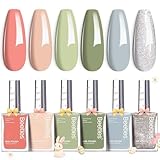 Beetles Nail Polish Set P176, 6 Colors Glitter Green Nude Natrual Pink Nail Lacquer Fast Drying & Long Lasting Finger Fall Nail Polish Glitter Effect for DIY Nail Art Salon at Home Gifts for Women