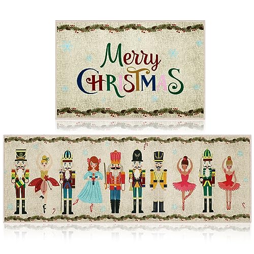 Ceenna 2 Pcs Christmas Nutcracker Decorative Kitchen Doormat Merry Christmas Doormat Set Happy Holidays Washable Non Slip Floor Rugs Christmas Soldier Floor Mat for Front Porch Door Bathroom