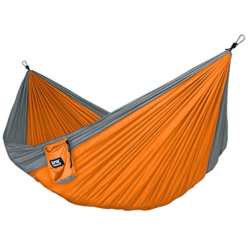 Fox Outfitters Neolite Single Camping Hammock - Lightweight Portable Nylon Parachute Hammock for Backpacking, Travel, Beach, Yard. Hammock Straps & Steel Carabiners Included (Grey/Orange)