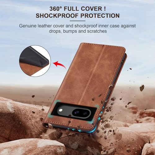 Image of Jasonyu Flip Wallet Case for Google Pixel 8A,Leather Magnetic Folio Cover with Card Holder,Kickstand - TPU Shockproof Durable Protective Phone Case,Brown