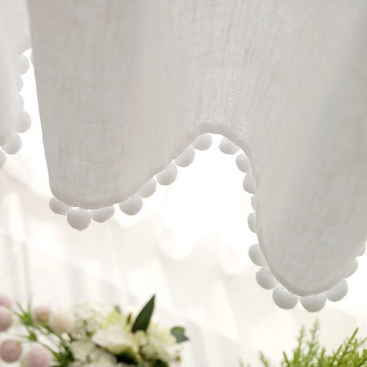 A.Monamour Short Curtain for Small Window Solid White Sheer Cotton Linen with Pompom Tassel Window Treatment Valance Window Panel Drapes Half Curtain for Kitchen Café Bedroom Cabinet Curtain