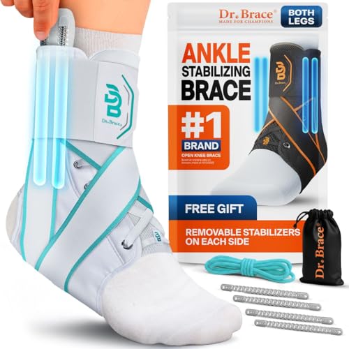 Dr. Brace®️ Breathable Ankle Brace For Sprained Ankle, Slim Fit. Unique Multi-Function Removable Stabilizer- Quick Lace Up Ankle Support for Women Men, Easy to use for Injury, Sprain, Sports (White - Blue, X-Small)