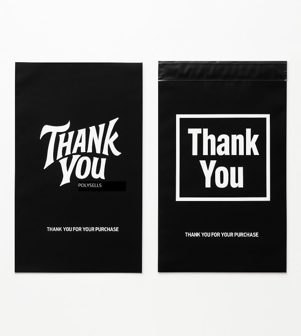 POLYSELLS Thank You Poly Mailers 12x15.5 inches 50 Pcs Waterproof Self-Sealing Shipping Bags for Clothing | Black