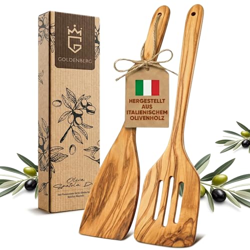 GOLDENBERG® Spar Set - Premium Pfannenwender - Made in Europe - feinstes Olivenholz aus Italien - robust, langlebig & antibakteriell - Holzschaber - Pfannenwender Holz