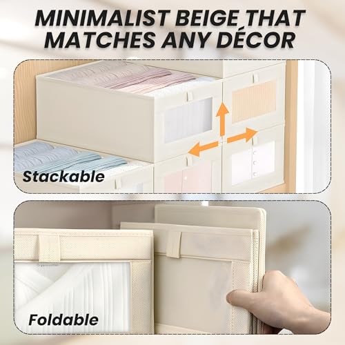 Image of OCEANEVO Set of 4 Linen Wardrobe Organizer for Storage WITH Luggage Tag, Foldable Cupboard Organizer for Clothes, Closet Organiser Basket with Clear Window - 40 x 27 x 17 Cm - Beige