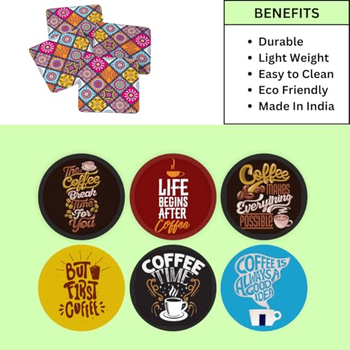 Image of Zesta Coasters for Cups Set of 6 / Wooden Coasters for Bar Accessories for Home /Tea Coaster Set of 6 / Waterproof Dining Table Decor Glass Cover (Coffee Lover, Circle)