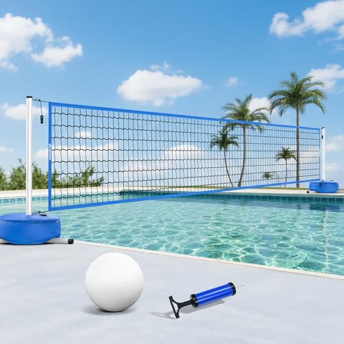 Patiassy Pool Volleyball Net for Inground Pools, Adjustable 15-32ft Length Volleyball Set for Poolside with Weighted Base and Ball, Professional Heavy Duty System for Swimming Pool Games