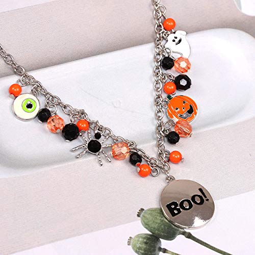 Halloween Ghost Necklace Crystal Beaded Boo Pumpkin Pendant Choker Necklace With Pumpkin Drop Earrings Jewelry Set (Silver Neckalce Gold Earrings) #TOP6