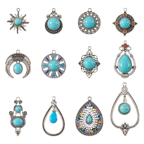 PandaHall 24pcs Tibetan Style Turquoise Charms Pendants Teardrop Sun Flower Oval Connector Link Charms for Earrings Necklaces Jewelry Making