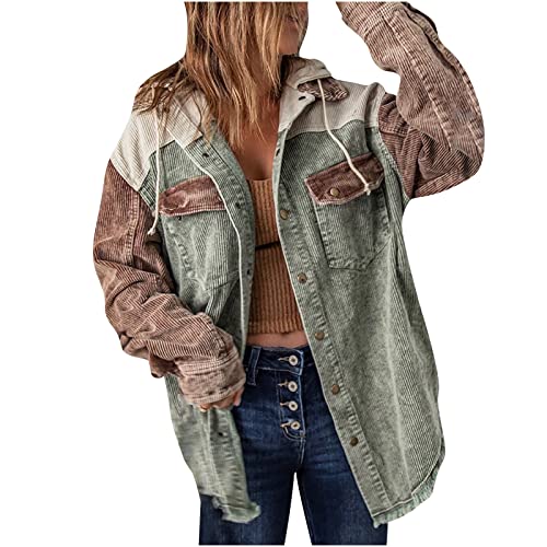 Cord Mantel mit Kapuze Damen Süße Jacke in Übergröße Warme Winterjacke Personalisierte Cordjacke Kapuzenjacke mit Farbblock Patchwork Revers Langarmshirts Einreihige Cardigan Bluse Übergangsjacke