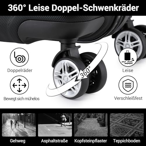 KONO Trolley Koffer Mittelgroß 4 Rollen Leicht Hartschalenkoffer Reisekoffer mit TSA Schloss, 65x44x25.5cm, 61Liter, Zwillingsrollen Rollkoffer, ABS Hartschale (Schwarz, L)