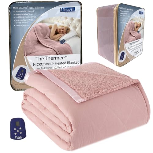 Thermee Micro Flannel Heated Blanket with Sherpa back, 10-Setting Electric Blanket Full Size, Programmable Heating Blanket, Ultra-Soft Heated Throw Blanket, Fast Heating Thermal Blanket - Blush