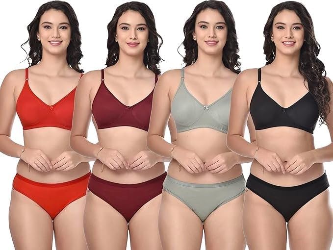 Image of Women's Cotton Lingerie Set with Full Coverage Bra and Hipster Panty, Non-Padded 1 Pair Lingerie Set