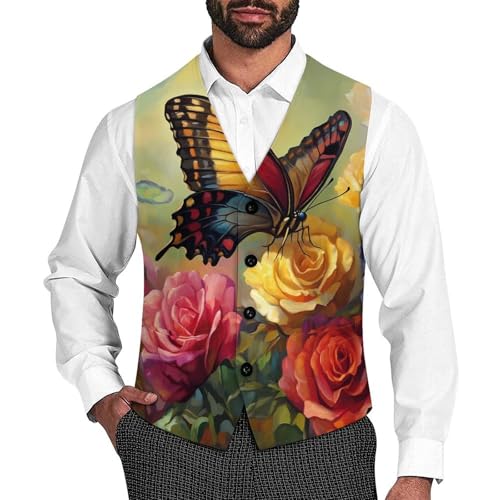 Butterfly Rose Men's Suit Vests Business Formal Dress Vest V-Neck Waistcoat for Wedding Casual