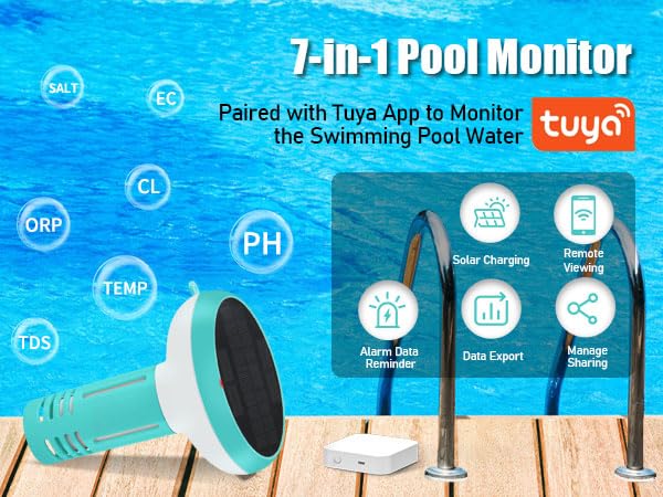 Image of Digital Pool Water Tester, 7-in-1 Smart Floating Meter, WiFi Enabled, Chlorine, Salinity, Tests pH, ORP, EC, TDS, Temperature, Chlorine