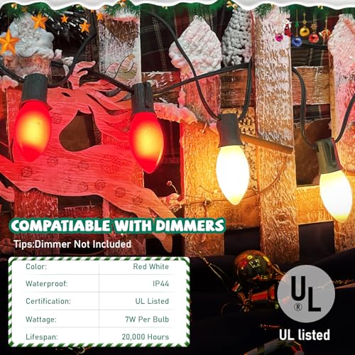Image of GOOTHY 25Ft C9 Red and White Christmas Lights Outdoor, C9 Vintage Christmas Lights with 26 7W Red and White Bulbs, Hanging Outdoor String Lights for Patio Outside Holidays Party Xmas Roofline Wedding