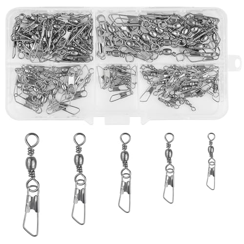 Dalephoric 100 Pezzi Girelle da Pesca, Anelli Solidi in Acciaio al Carbonio con Moschettone, 5 Taglie, Girelle Canna da Pesca, Accessori Pesca, per Acqua Dolce e Acqua Salata