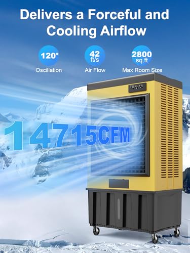 Image of Uthfy 14715 CFM Swamp Cooler, 70IN Evaporative Air Cooler with 53 Gal Water Tank, 3 Speeds, 120Oscillation, 6 Ice Packs, Outdoor Garage Air Conditioner for Patio, Yard, Factory
