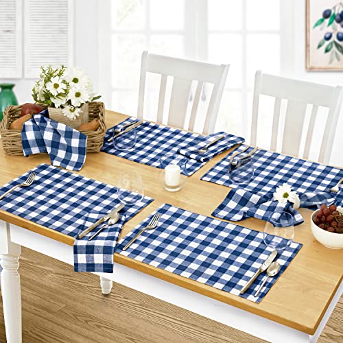 Home Bargains Plus Country Rustic Buffalo Plaid Cotton Placemats, Set of 4, Blue, Checkered Cottage Gingham Easy Care Dining Table Placemats