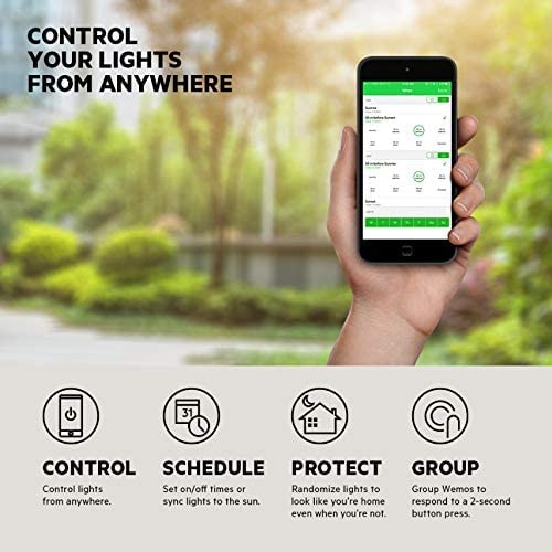 A hand holding a smartphone displaying the WeMo app interface, with text 'CONTROL YOUR LIGHTS FROM ANYWHERE'.