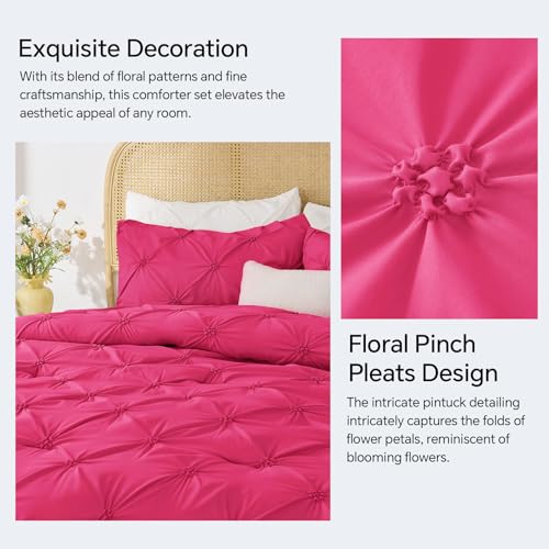 Image of BEDELITE Queen Comforter Set Hot Pink,Lightweight & Soft Comforter | Pintuck Boho Bedding, Warm & Cute Bed Set for All Season,With 2 Pillowcases