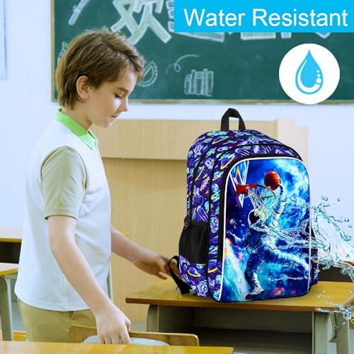 Image of HPJGD 3PCS Kids Astronaut Backpack, Water Resistant Bookbag for Boys Set with Lunch Box, Cool School Bag for Elementary Preschool Toddler - Basketball Astronaut