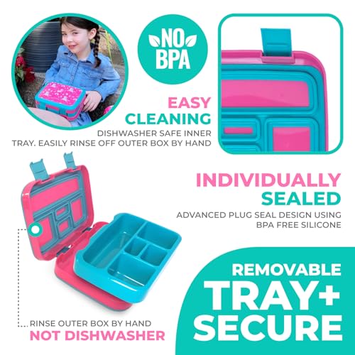 Image of Bento Lunch Box with Insulated Bag, Water Bottle Ice Pack Set for Kids Toddlers, 5 Portion Sections, BPA Free Removable Tray, Pre-School Kid Toddler Daycare Lunches, Snack Container, Pink Unicorn