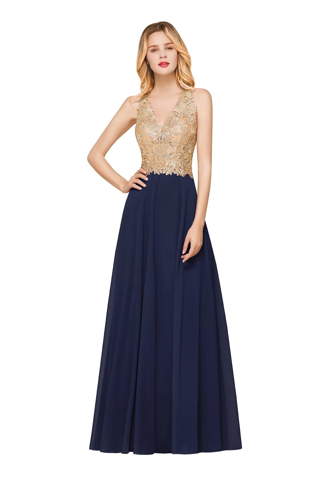 Brautjungfernkleider Goldfarbene Spitzenapplikationen in A-Linie Chiffon-Brautjungfernkleider mit V-Ausschnitt, lange, elegante Hochzeitsfeier-Abschlussballkleider Brautjungfernkleider Party Ballkleid