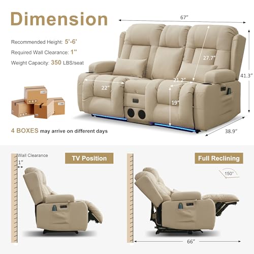 Image of URRED Power Loveseat Recliner Sofa with Massage and Heat, Wall Hugger Reclining Loveseat with Console, RV Couch Home Theater Seating with LED Lights for Living Room (Beige, 67 inch - 2 Seats)