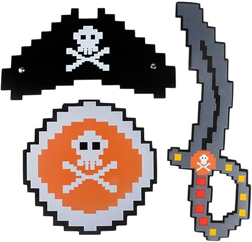 ArtCreativity - Juego de 3 piezas con espada pixelada, escudo y sombrero, accesorios únicos para disfraz de pirata de Halloween, divertidos juguetes