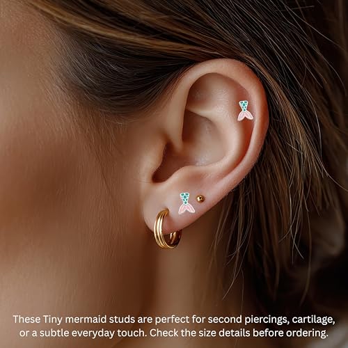 Mermaid 925 Sterling Silver Tiny Stud Earrings, Ocean Theme Piercing Jewelry Gift2