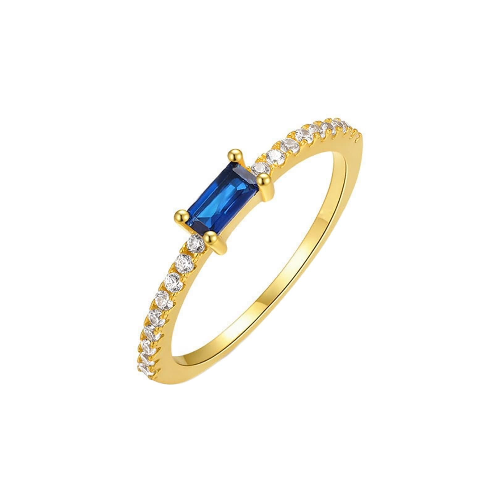 Anillo de Alianza de Oro Amarillo 9K/14K/18K Mujer, Rectángulo con Zafiro Creado y Moissanita, Anillos de Oro Amarillo Compromiso Mujer