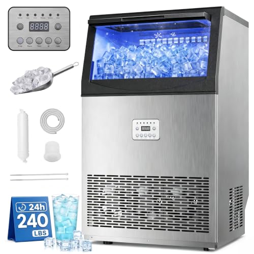 Uthfy Commercial Ice Maker 240lbs/24H, Stainless Steel Under Counter Ice Machine, 96 Ice Cubes in 14 Mins, 55lbs Storage, Self-Clean &amp; Water Filter, Freestanding Ice Machine for Home Bar,Cafe,ETL