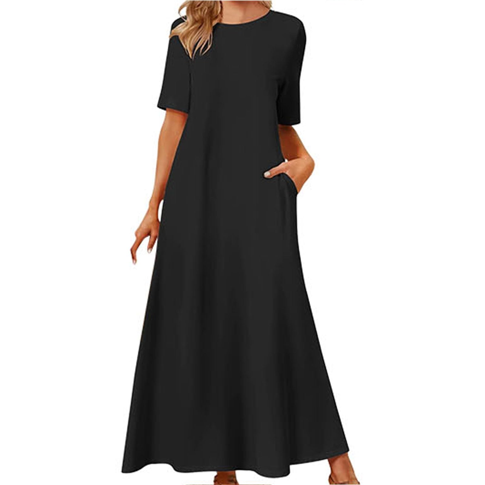 Janly Mujer Verano 2024 Vestido Negro Mujer Vestido Maxi de Manga Corta de Verano 2024 para Mujer, Vestido Informal con Cuello y línea A, Vestido Largo con Women Summer Dresses Ladies Summer