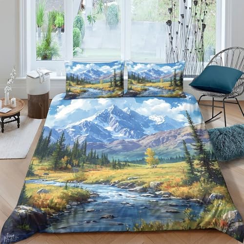 Housse de couette montagne 3D anti-acarien parure lit microfibre fermeture éclair
