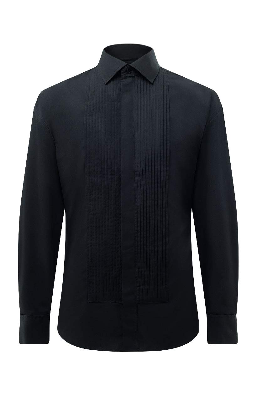 Dobell Mens Black Dress Shirt Regular Fit Standard Collar Double Cuff Pleated Fly Front-14.5