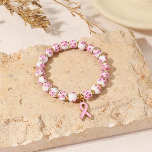 Charm Bracelets for Women Breast Cancer Awareness Accessories Heart Beaded Bracelet Flower Ceramic Jewelry Love Gifts2