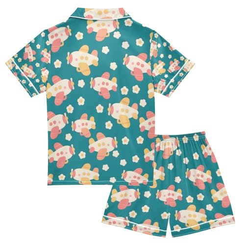 senya Airplane Flower A Satin Summer Pajama Sets Silk Short Sleeve Button Down Sleepwear2