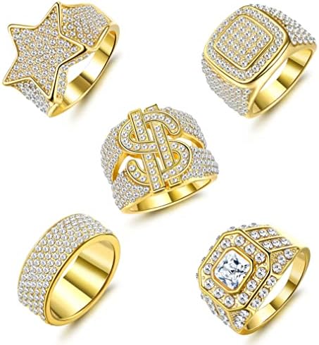 FASACCO 5Pcs 18K Gold Plated Bling Pinky Ring Simulated Diamond Iced Out Ring CZ Punky Rappers Ring Star Dollar Sign Hip Hop Ring for Men Size 8