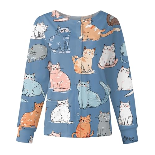 Long Sleeve Scrub Tops Women Animal Print Scrub Jacket Pattern Nurse Uniform Stretchy Plus Size Snap Front Nursing Shirts with Pockets Light Blue M