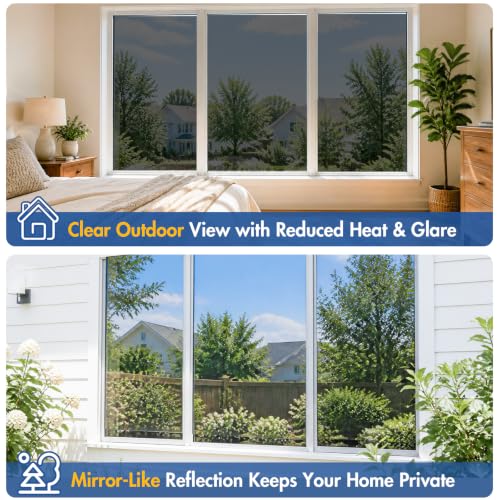 Image of Coavas One Way Privacy Window Film with 3 Tools, Reflective Window Tint for Home, Daytime Privacy See Out Not in, Heat Control & UV Blocking Adhesive Covering for Bedroom Office,17.5 x 78.7Inch,Black